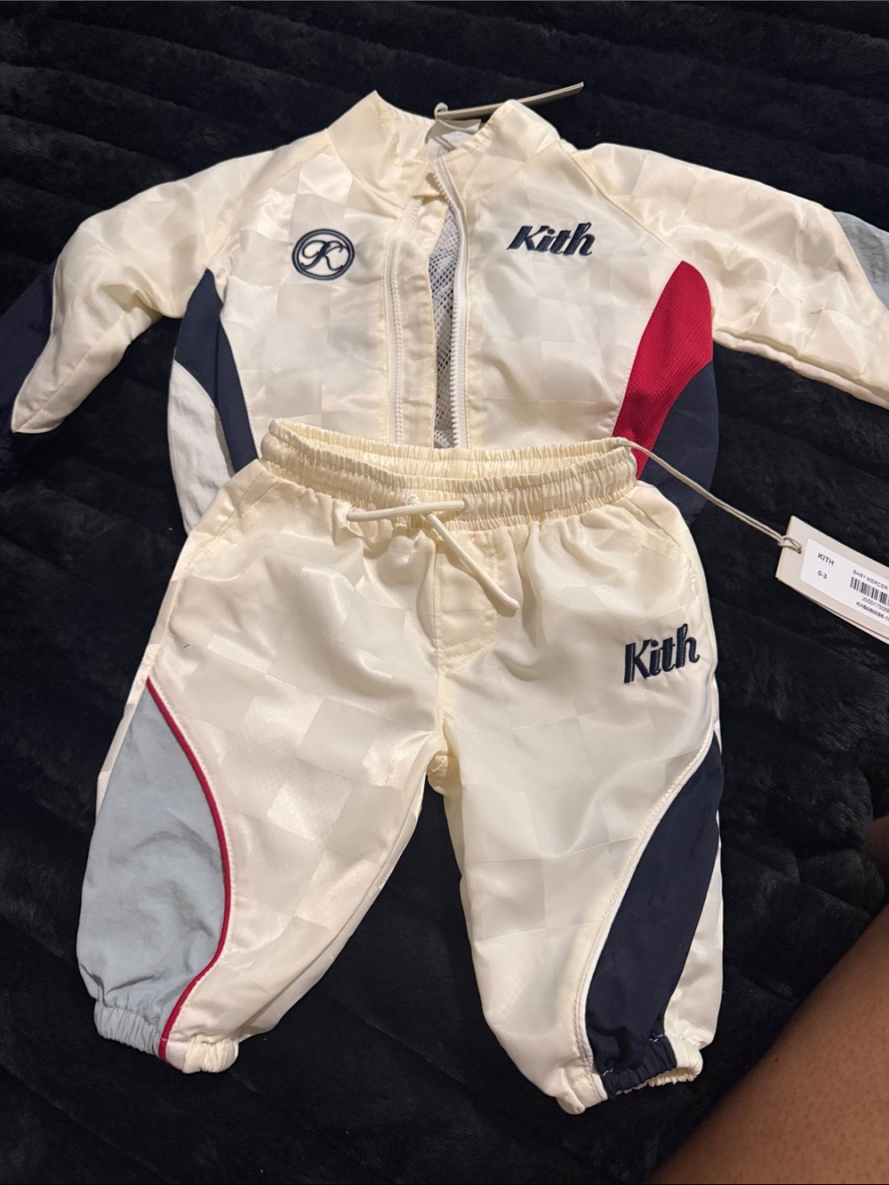 Kith Cream Track Jacket and Sweatpants with Navy & Red Accents